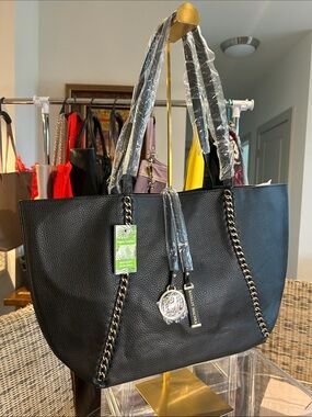 Badgley Mischka Vegan Leather Black Gold Chain Tote 18”x 4”x 10.75” NWT